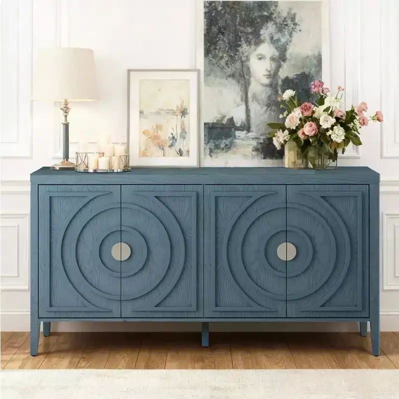 Buffet Cabinet Sideboard with Circular Groove Doors & Round Handles for Dining and Living Room, Antique Blue