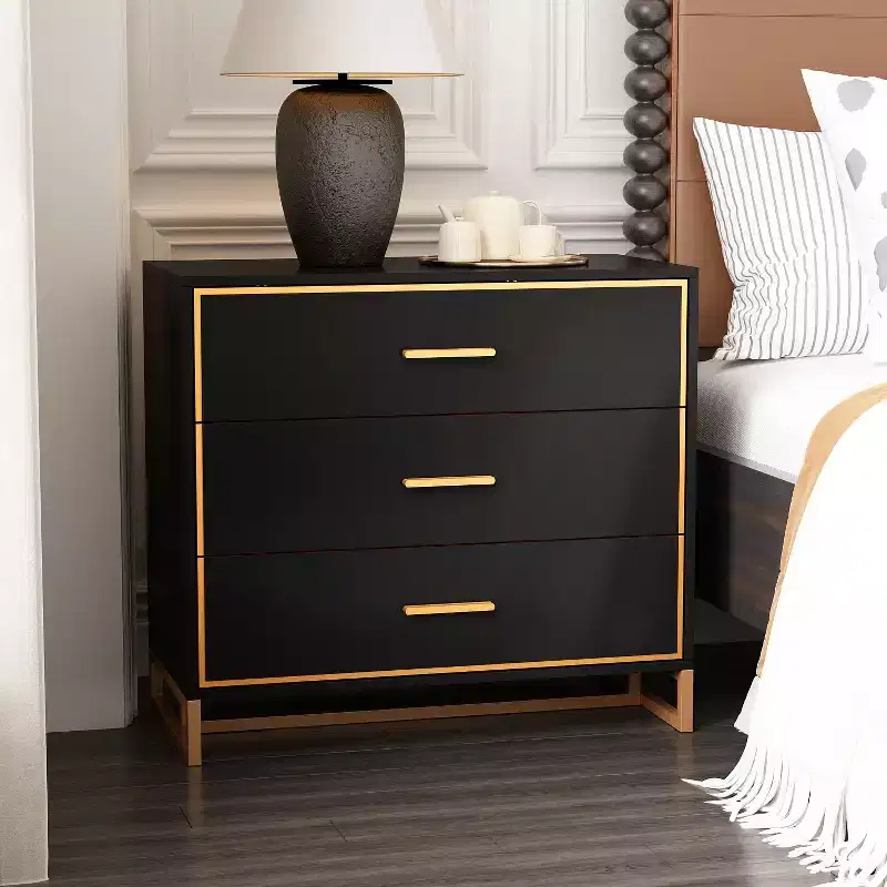3-Drawer Modern Nightstand with Open Metal Frame, Black & Gold Finish, 28.7
