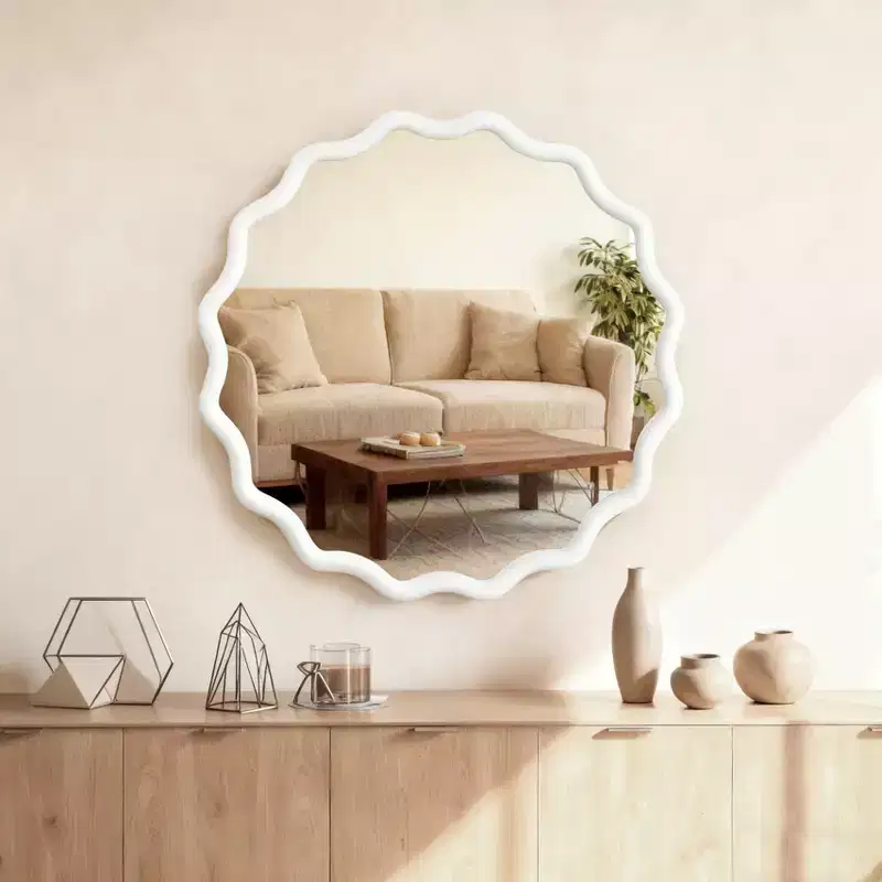 30 inch White Wavy Round Solid Wood Frame Wall Mirror for Bathroom Vanity, Wooden Farmhouse Decorative Mirror for Home