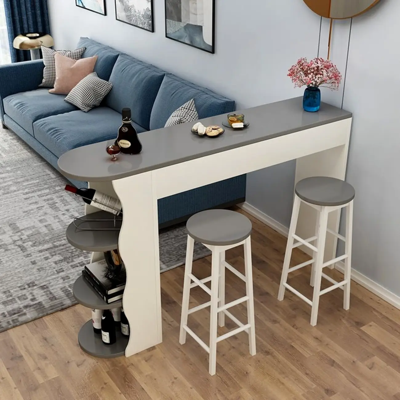 Modern Black-White Wooden Asymmetrical Shelves Bar Tables