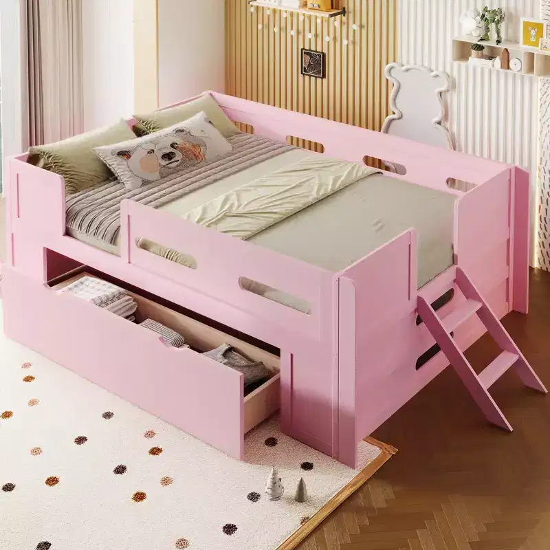 GDFStudio Martin Wood Platform Bed with Guardrail and Drawer
