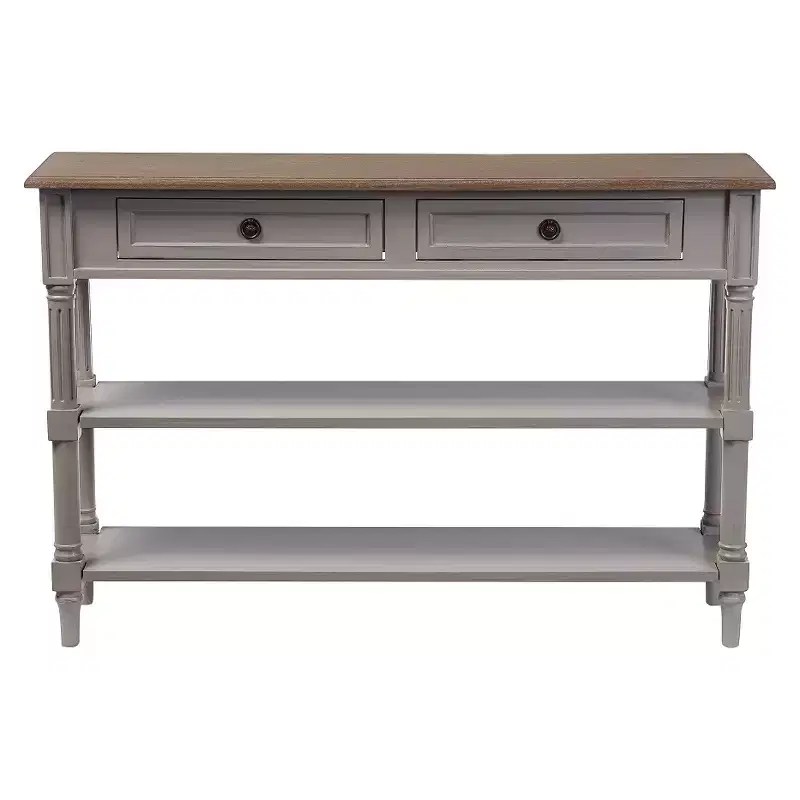 White & Brown French Provincial Console Table with 2 Drawers & 2 Shelves