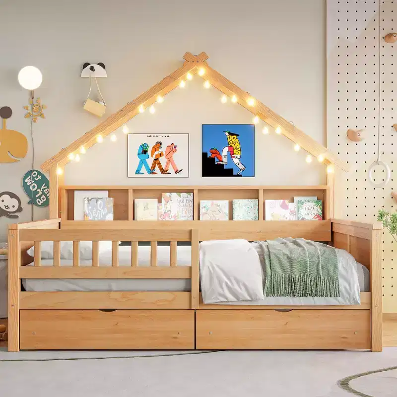 Wood Full Size House-Shape Platform Bed with LED Lights, 69.1