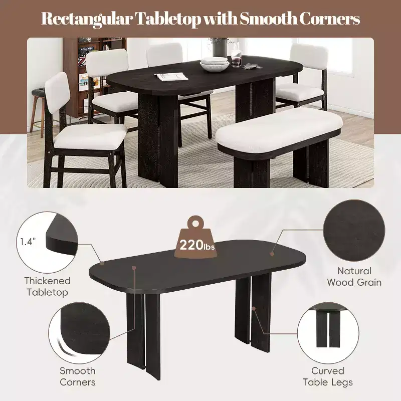 Whisen 6-Piece Solid Wood Dining Table Set with Bench and Upholstered Chairs for Kitchen or Dining Room Modern Farmhouse Style in 2 Classic Colors