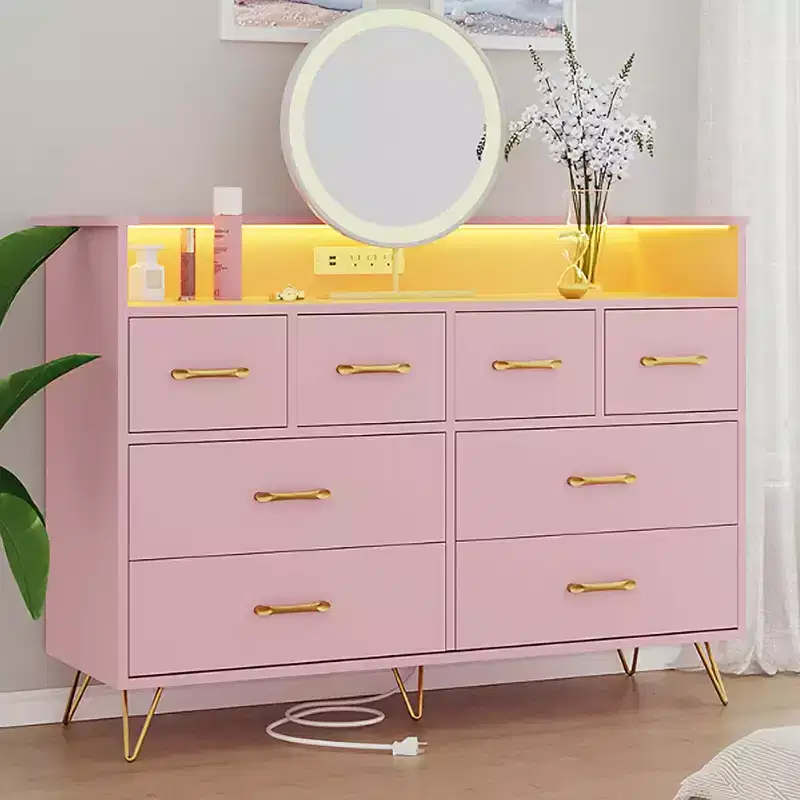 Pink 8-Drawer Dresser with Charging Station, RGB LED Lights, Wide Floor Chest for Bedroom, Makeup Vanity or Gaming Setup