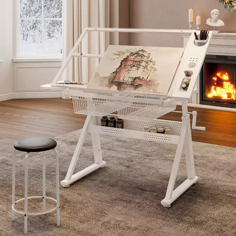 Hand Crank Adjustable Tempered Glass Drafting Table with Chair and Storage, for Living Room, Study & Bedroom, White
