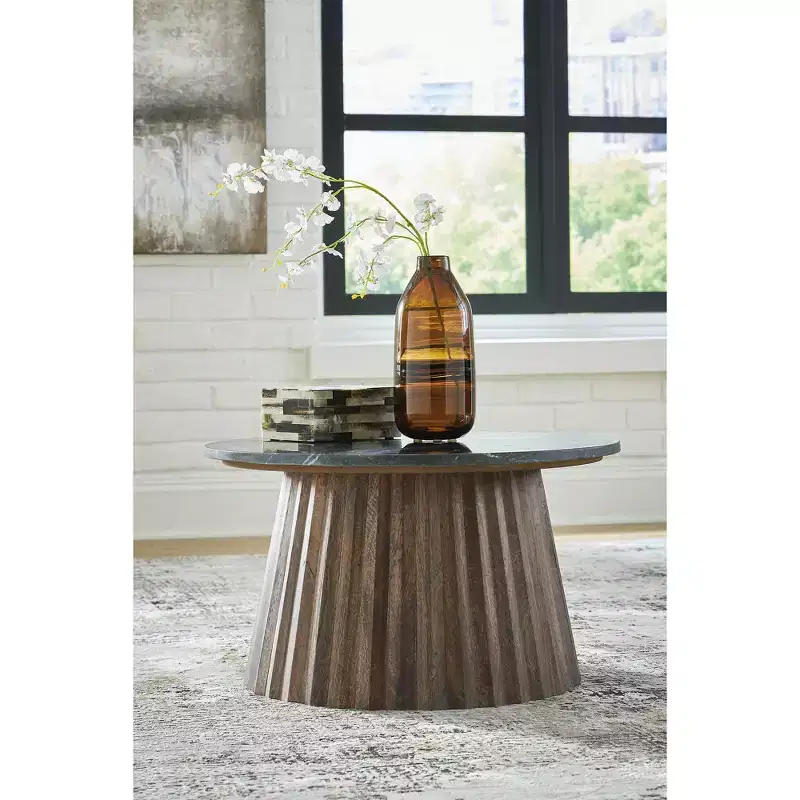 Round Coffee Table with Marble Top, Black/Brown