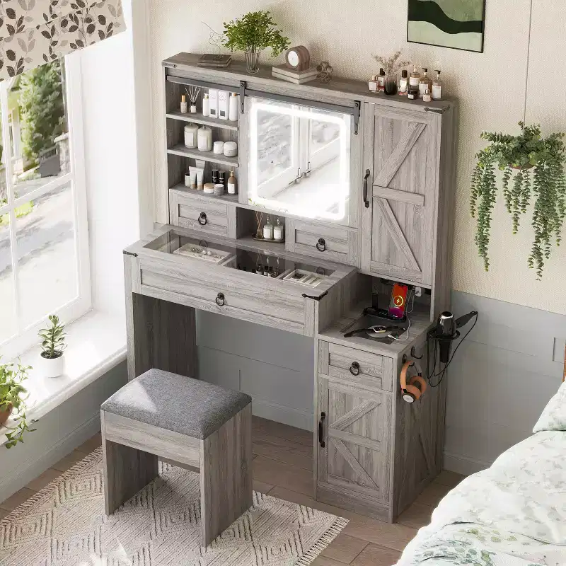 Vanity Desk with Sliding Mirror Glass Top Charging Station 4 Drawers 2 Cabinets Stool for Bedroom Gray