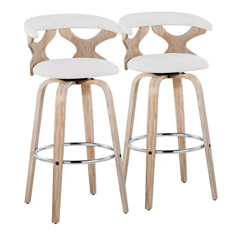 LumiSource Set of 2 Gardenia Barstools White Wash/Cream: Contemporary Swivel Bar Chairs with Back, Farmhouse Style