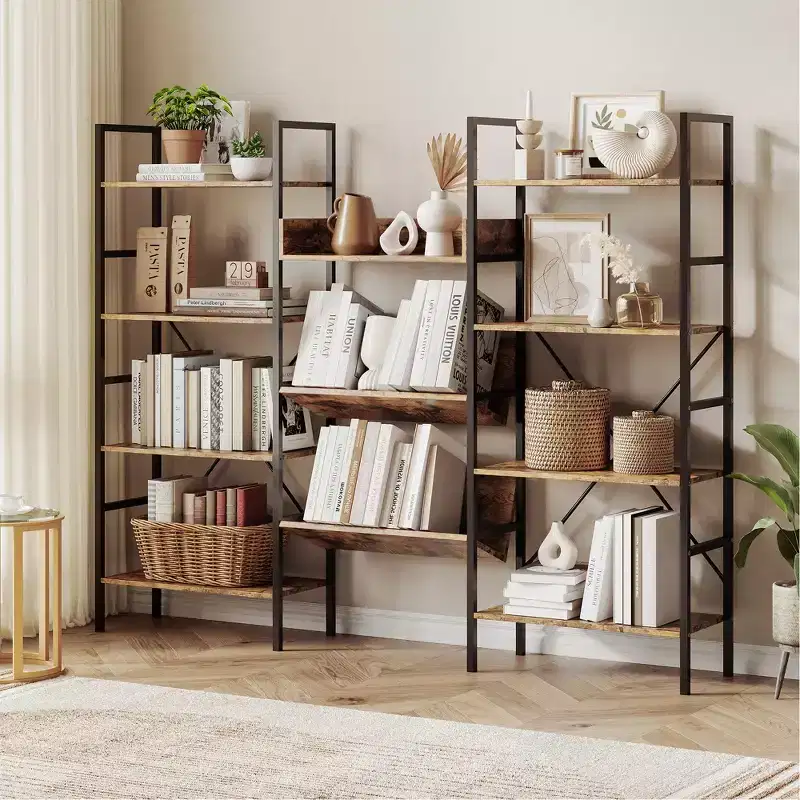 Industrial Bookcase,Triple Wide 4 Tiers Industrial Bookshelf with 11 Open Display Shelves,Open Record Player Shelves with Metal Frame for Living Room