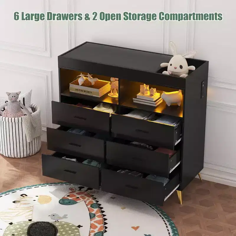 Acekool Baby Dresser with Changing Table - 6 Drawers, LED Lights & Power Outlet