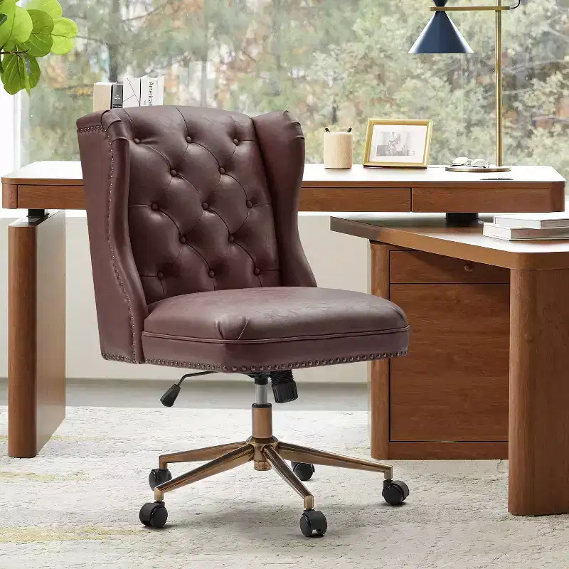 Hazel Traditional Faux Leather Wingback Office Chair — Tufted, Bronze Nailhead, Camel
