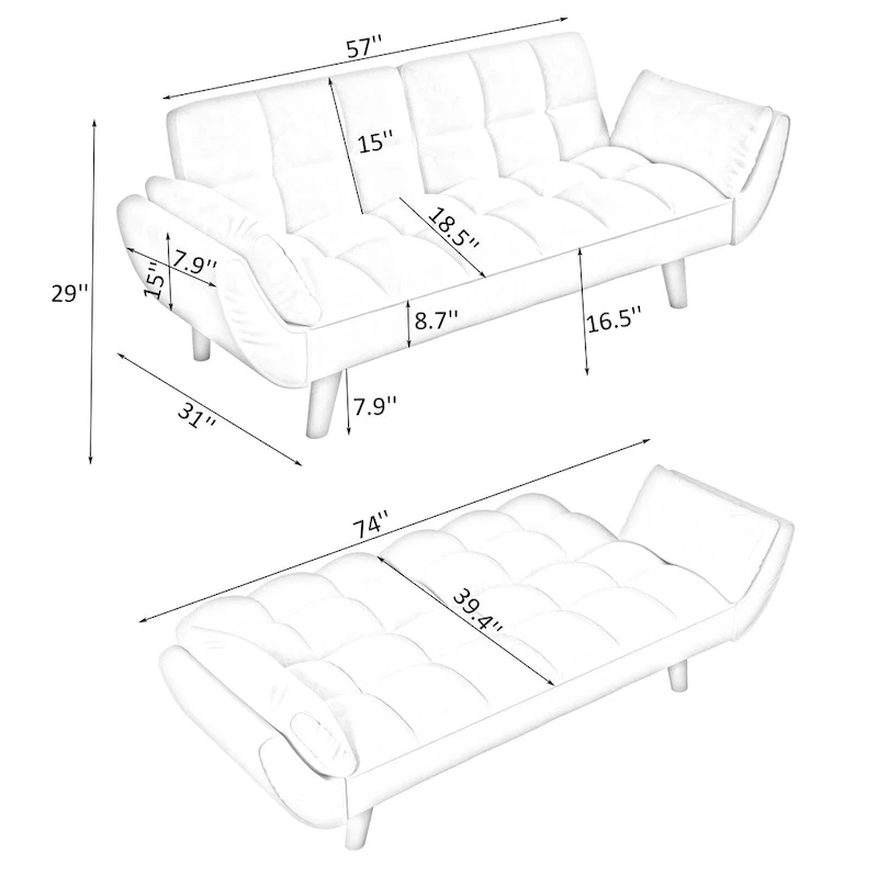 Black 57 Convertible Loveseat Sofa Bed with Adjustable Backrest, Pillows