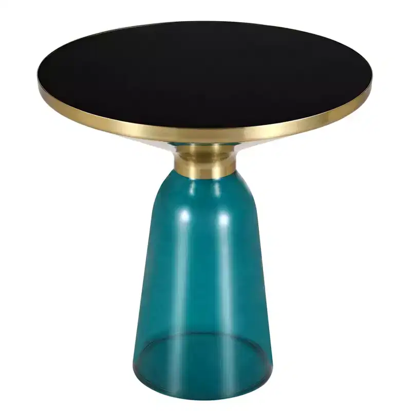 LeisureMod Tully Round Side Table, Gold Rim with Glass/ Sintered Stone Top
