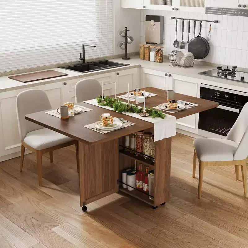 Folding Dining Table, Dining Table with Storage and Shelves, Space Saving 6-Wheel Dining Table, Kitchen Table for Small Spaces