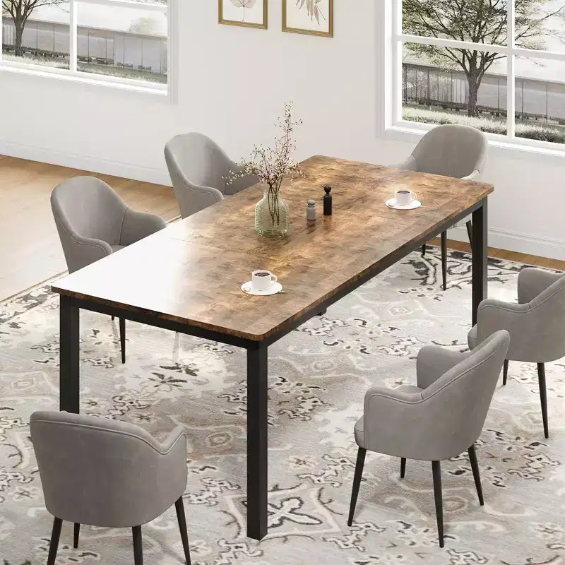 Rectangular Wood Dining Table for 6-8 People with Metal Frame, Industrial Large Dining Room Table