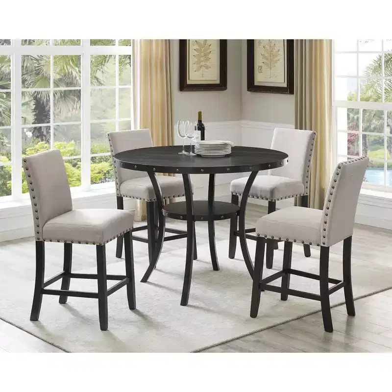 Roundhill Furniture Biony Espresso Wood Counter Height Dining Set with Tan Fabric Nailhead Stools