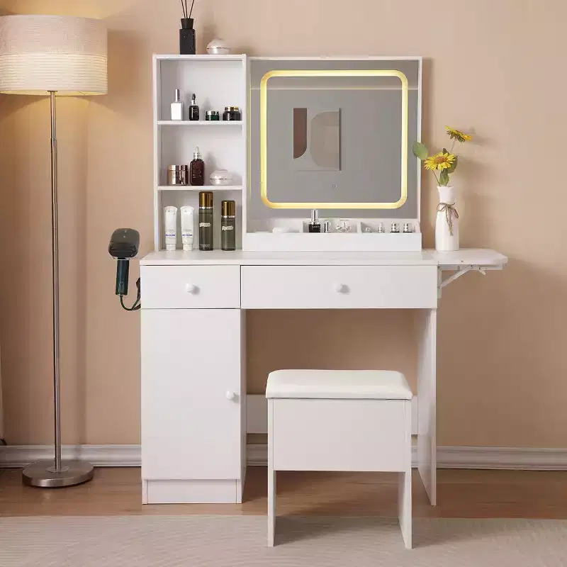 Okak Vanity Desk with Storage Stool Set, Makeup Vanity with Power Outlet and Large Storage Cabinet, Makeup Table for Living Room, Bedroom, White