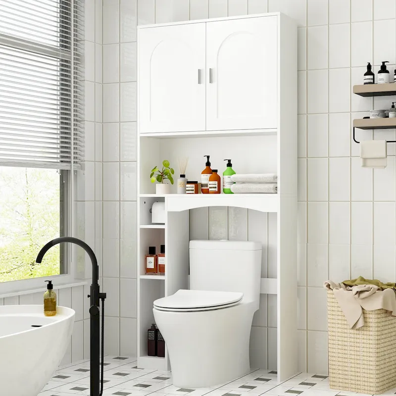 Over-the-Toilet Storage Cabinet with Door – White, MDF, Molded Door Design