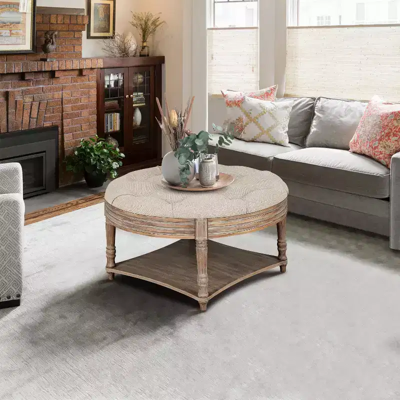 Large Round Ottoman Coffee Table,2 Tier Oversized Button Tufted Ottoman with Wooden Shelf Storage Farmhouse Upholstered Coffee Table