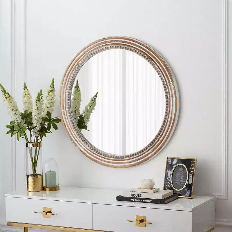 Whisen Farmhouse Round Decorative Wall Mirror with Beaded Decor, Rustic Wood Frame for Home - Antique Natural