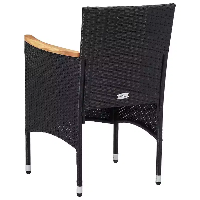 vidaXL 2 pcs Modern Patio Dining Chairs in Durable Black Poly Rattan with Acacia Wood Armrests and Removable, Washable Cushion Covers