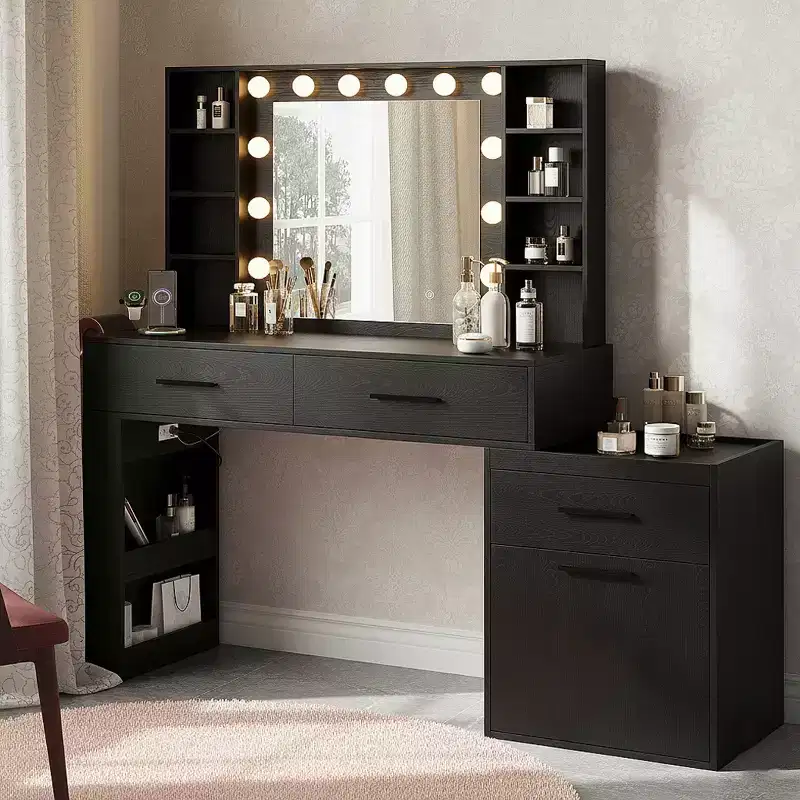 Ora Maison Convertible Vanity Desk 57, Large Makeup Table with 3-Color LED Mirror, Power Hub & Ample Storage for Bedroom