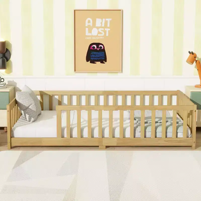 Twin Floor Bed with Fence without Door, Rubber Wood Floor Guardrails Beige