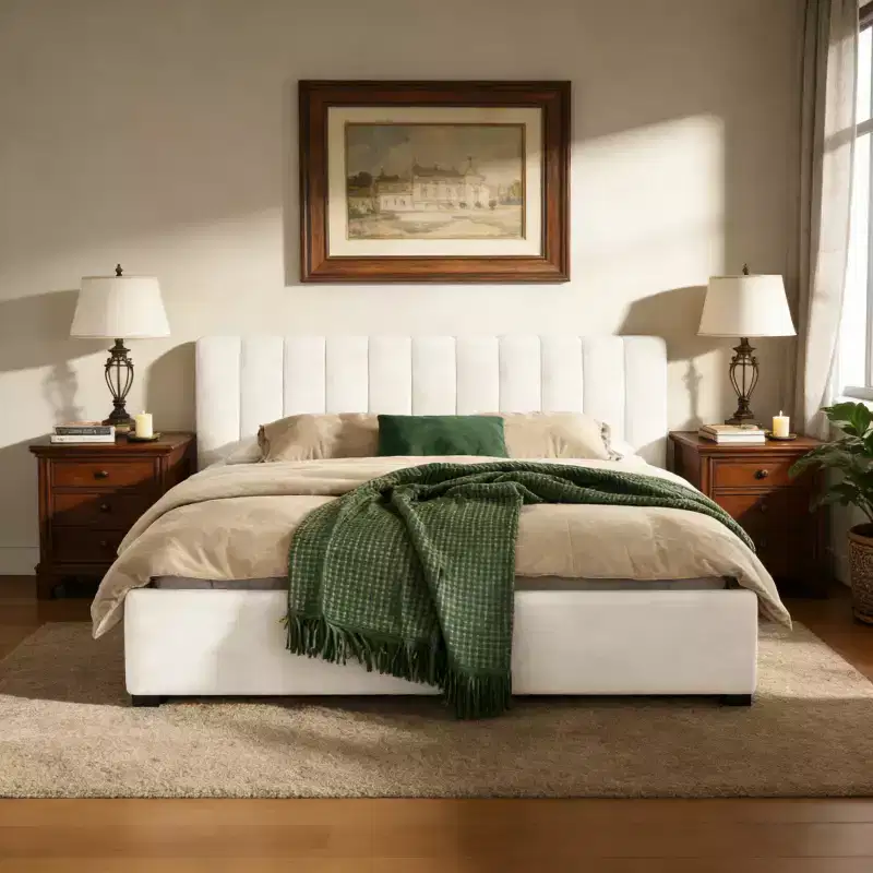 King Size Upholstered Platform Bed Frame with Soft Thick Cushioned Headboard, Beige