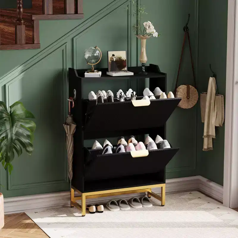 Fluted Shoe Cabinet with 2 Flip Drawers - Slim Modern Shoes Rack with Metal Legs, Hidden Storage Organizer for Entryway, Hallway, Bedroom, Apartment