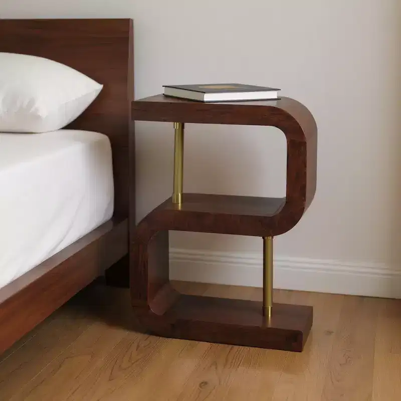 HomeRoots 24 Chestnut And Gold Solid Wood Curved Nightstand
