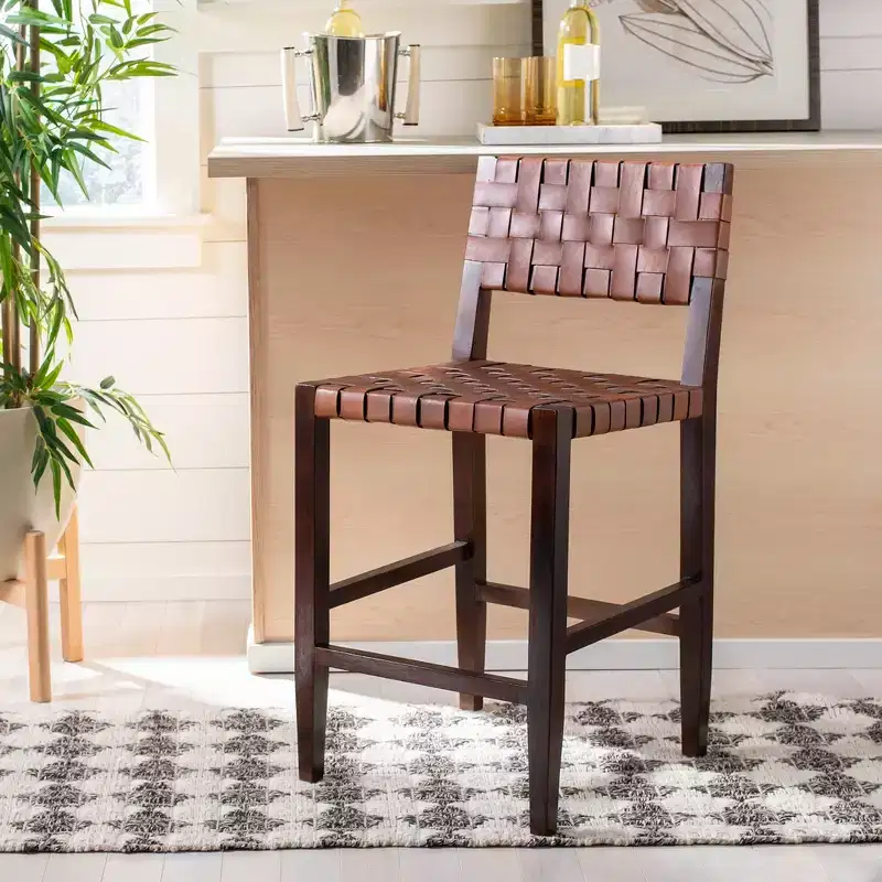 Paxton Woven Leather Counter Stool - BST1003 - Cognac/Walnut Finish - Safavieh