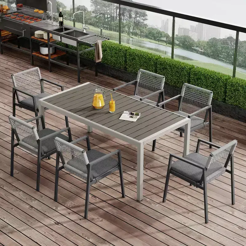 Christopher Knight Home Brooks 7 pcs Outdoor Aluminum and Wood Dining Set with Woven Rope, Gray/Black/Silver