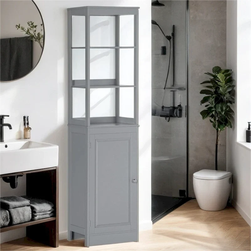Freestanding Tall Bathroom Storage Cabinet with Open Shelf and Door