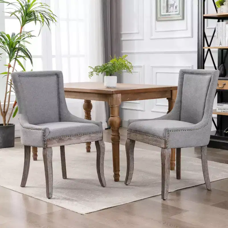 Okak Retro Dining Chairs Set of 2, Comfy Fabric Chairs with Thick Cushions, Kitchen Side Chairs with Solid Wood Legs Bronze Nail Head