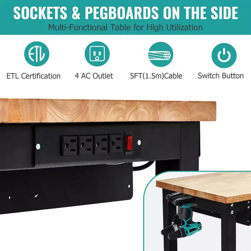 60 Inches Workbench, Rubber Wood Tabletop Work Table with 2 Drawers and Pegboard, 3000 LBS Heavy Duty Adjustable Height Work Bench with Power Outlets