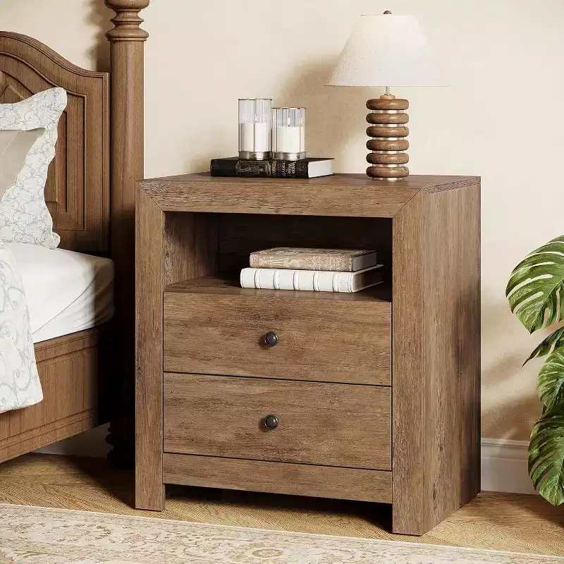 Lantine Farmhouse NightStand with 2 Drawers Storage, Mid-Century Retro End Table, Wide Bedside Night Stand for Bedroom, Easy Assembly