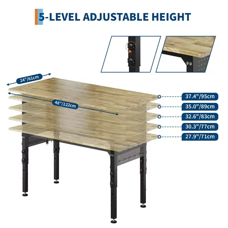 Heavy Duty Adjustable Workbench 2200 lbs -Rolling Work Table with Locking Casters & Pegboard, Garage to Craft Room Mobile Workstation