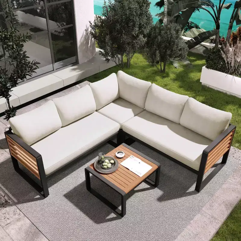 4-Piece Patio Conversation Set, L-Shaped Sectional Sofa with Cushions, Outdoor Seating Set with Coffee Table for Backyard or Deck-Panipeachy