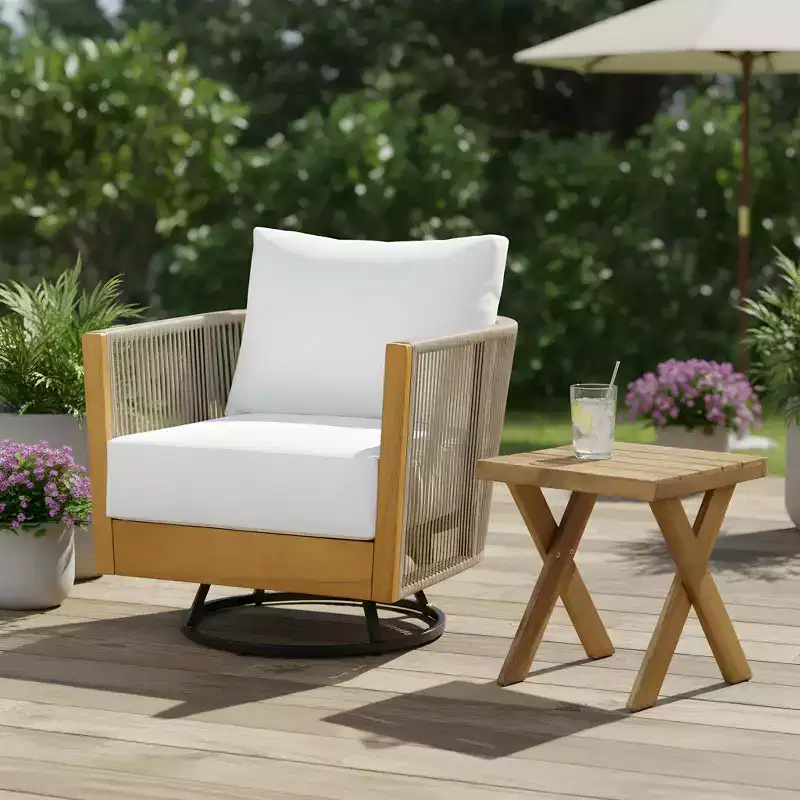 Christopher Knight Home Stellan Modern Patio Acacia Wood Rope Swivel Chair with Slatted Side Table