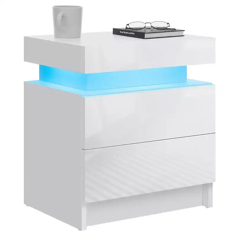Black / White Modern LED Nightstand with 2 Drawers, for 1