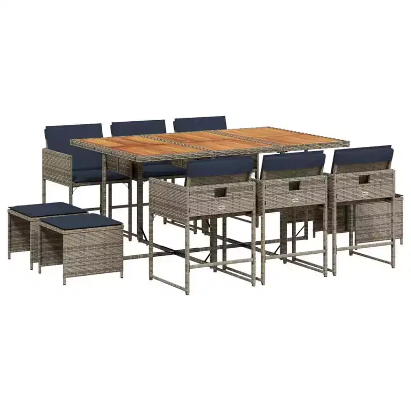 vidaXL Patio Dining Set Set of 10 Gray Poly Rattan 10-seater Foldable