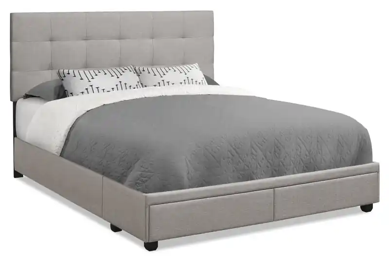 Upholstered Storage Platform Bed in Grey Fabric, Tufted