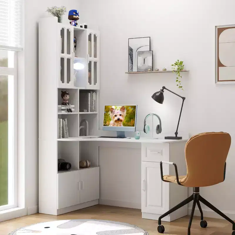 TUYOHW L-Shaped Corner Desk,Computer Desk with Hutch & Bookshelf,2-in-1 Study Desk with Drawers,Cabinets,Modern Working Desk for Office,Study