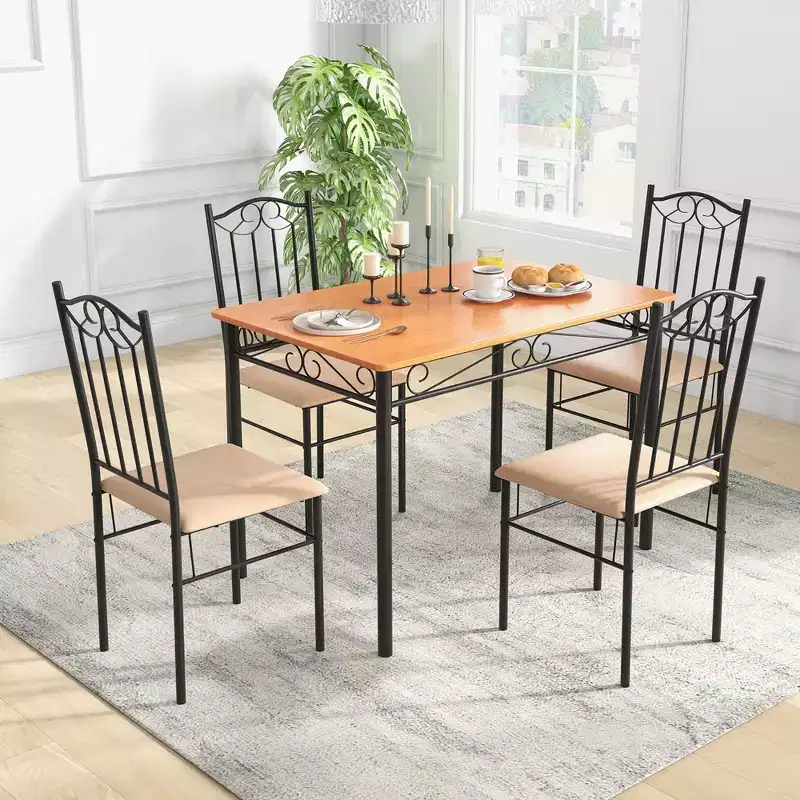 5 PCS Dining Set Wood Metal 30 Table & 4 Chairs Upholstered Kitchen Breakfast Furniture