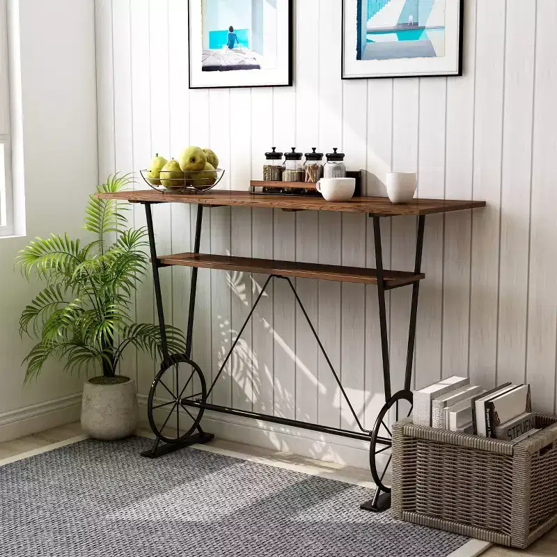 Counter Height Bar Table, Brown & Black, Steel Frame, 47.24