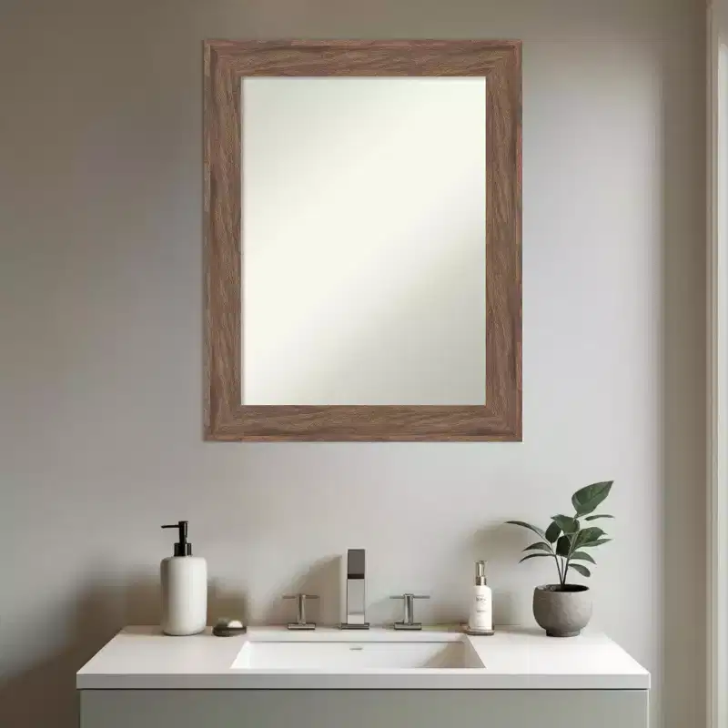 Medium Brown Non-Beveled Framed Bathroom Vanity Wall Mirror