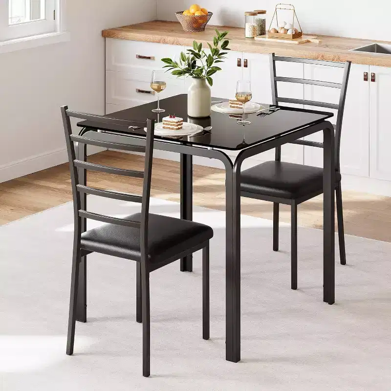 Compact three-piece double dining table and chair set, space-saving dining table with upholstered chairs for small spaces, breakfast nooks