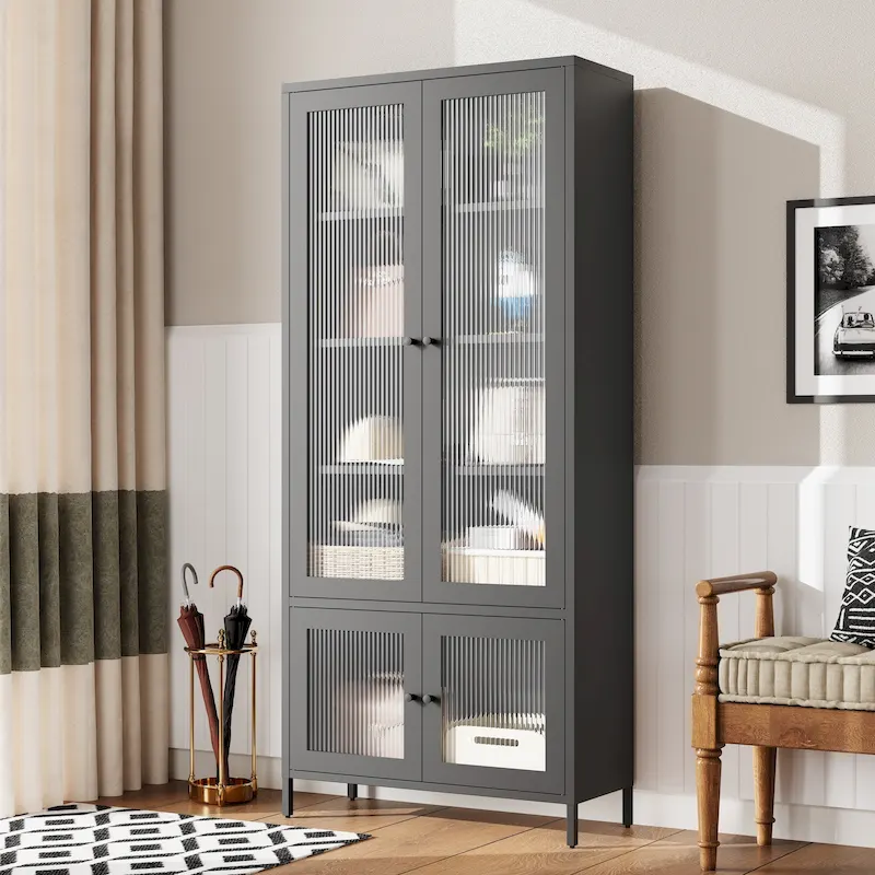 Black / Dark Fluted Glass Door Metal Storage Cabinet, 5 Shelves, 1-Person Assembly