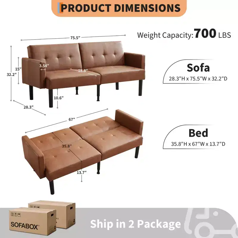 75.5 Convertible Futon Sofa Bed, Mid Century Futon Couch, 3-Position Adjustable Recliner Sofa, Modern Recliner with Legs, Easy Cleaning